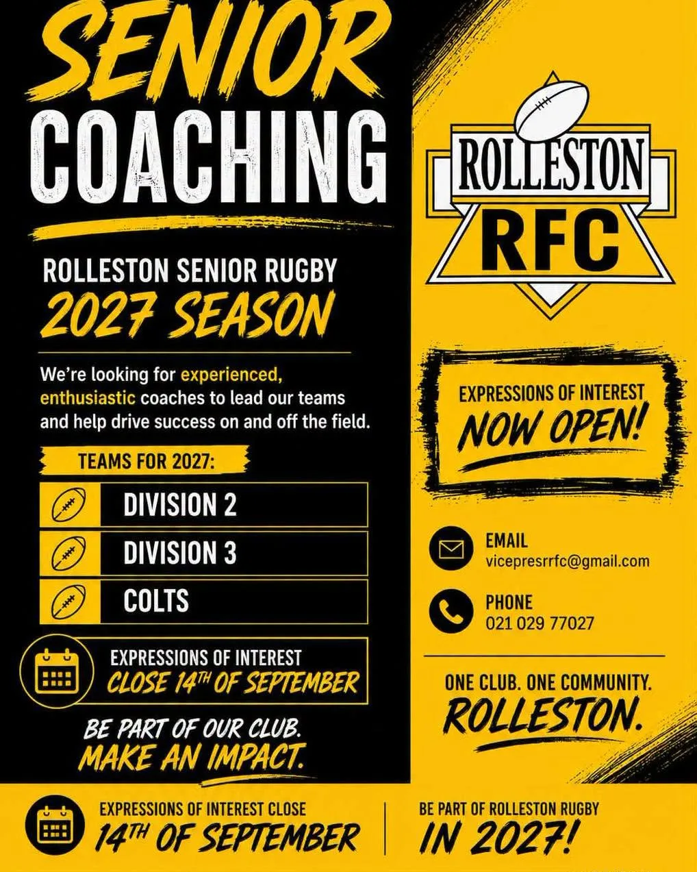 Rolleston Rugby Club Seeking Coaches for 2027 Senior Rugby Programme